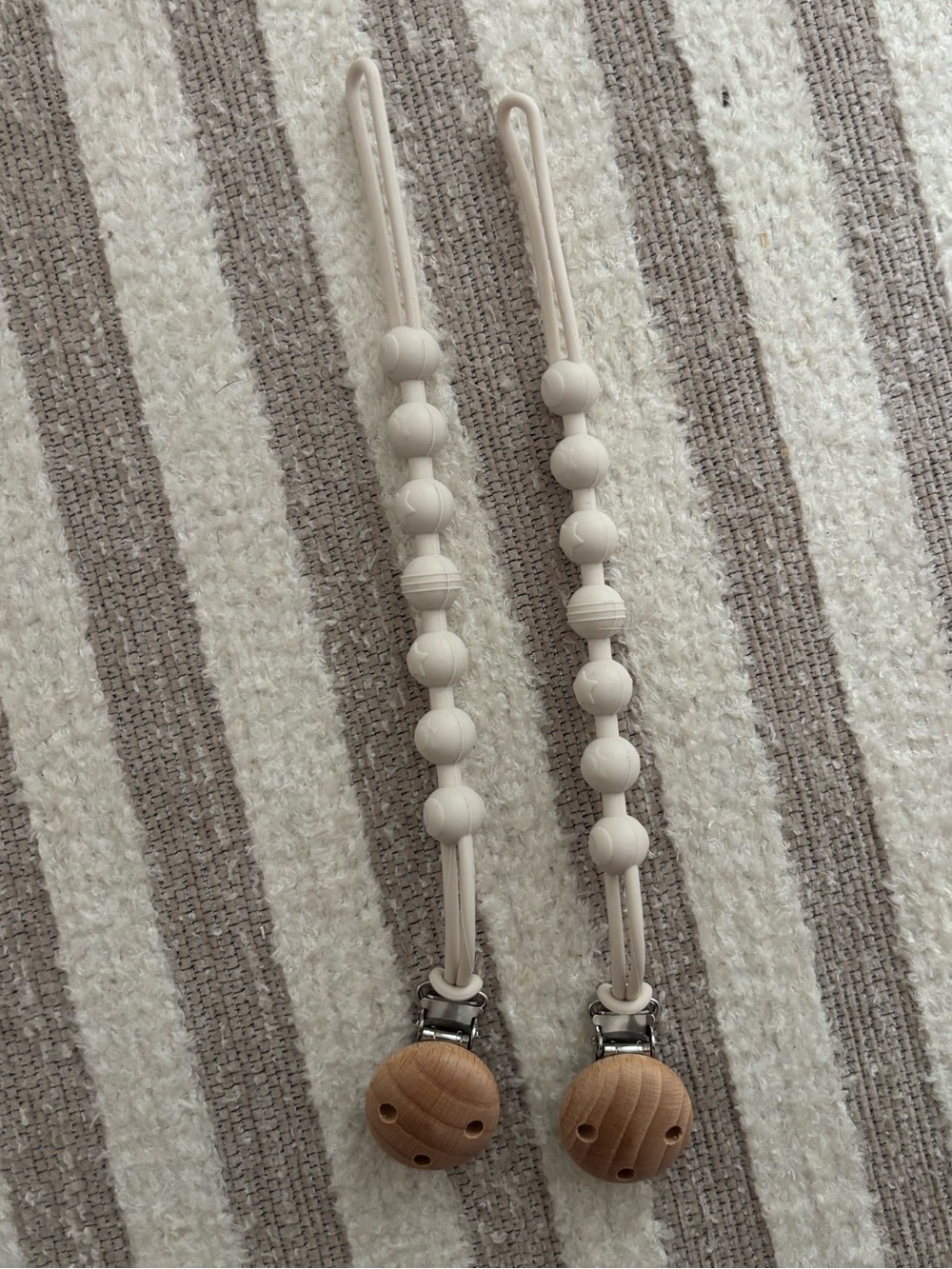 10/$15 Neutral Cream Silicone Baby Pacifier Clip with Wooden Clip Accent